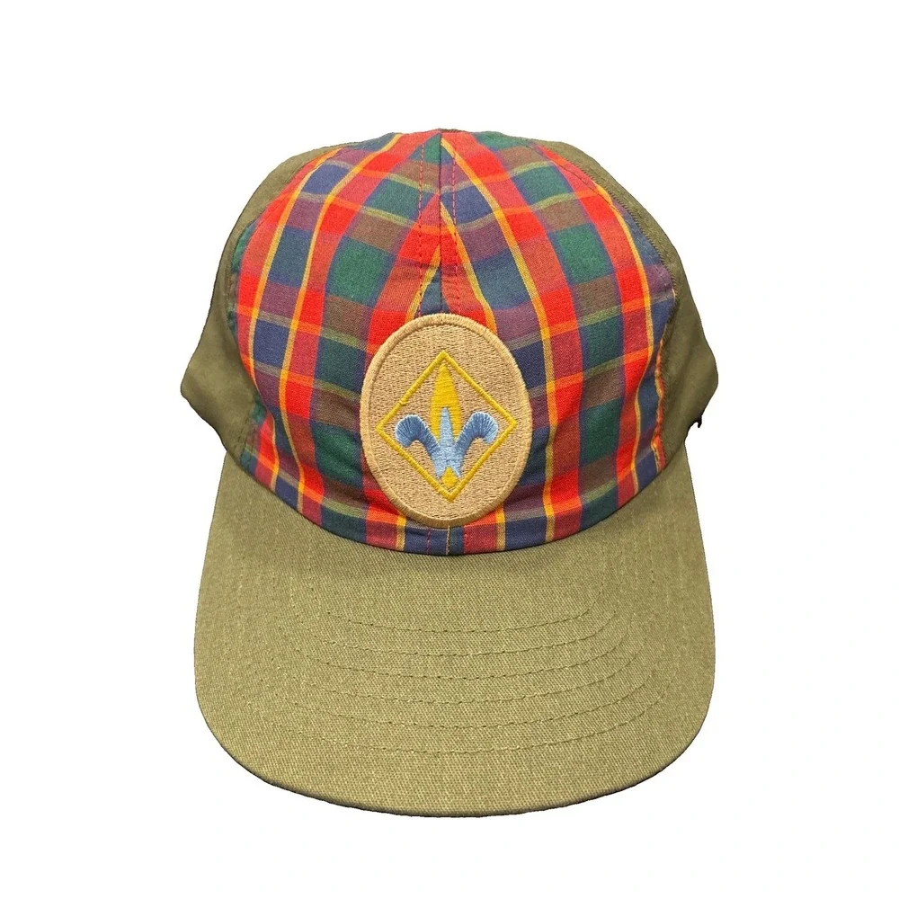 Boy Scouts Plaid Uniform Cap Green with Fleur-de-lis Emblem Unisex M/L